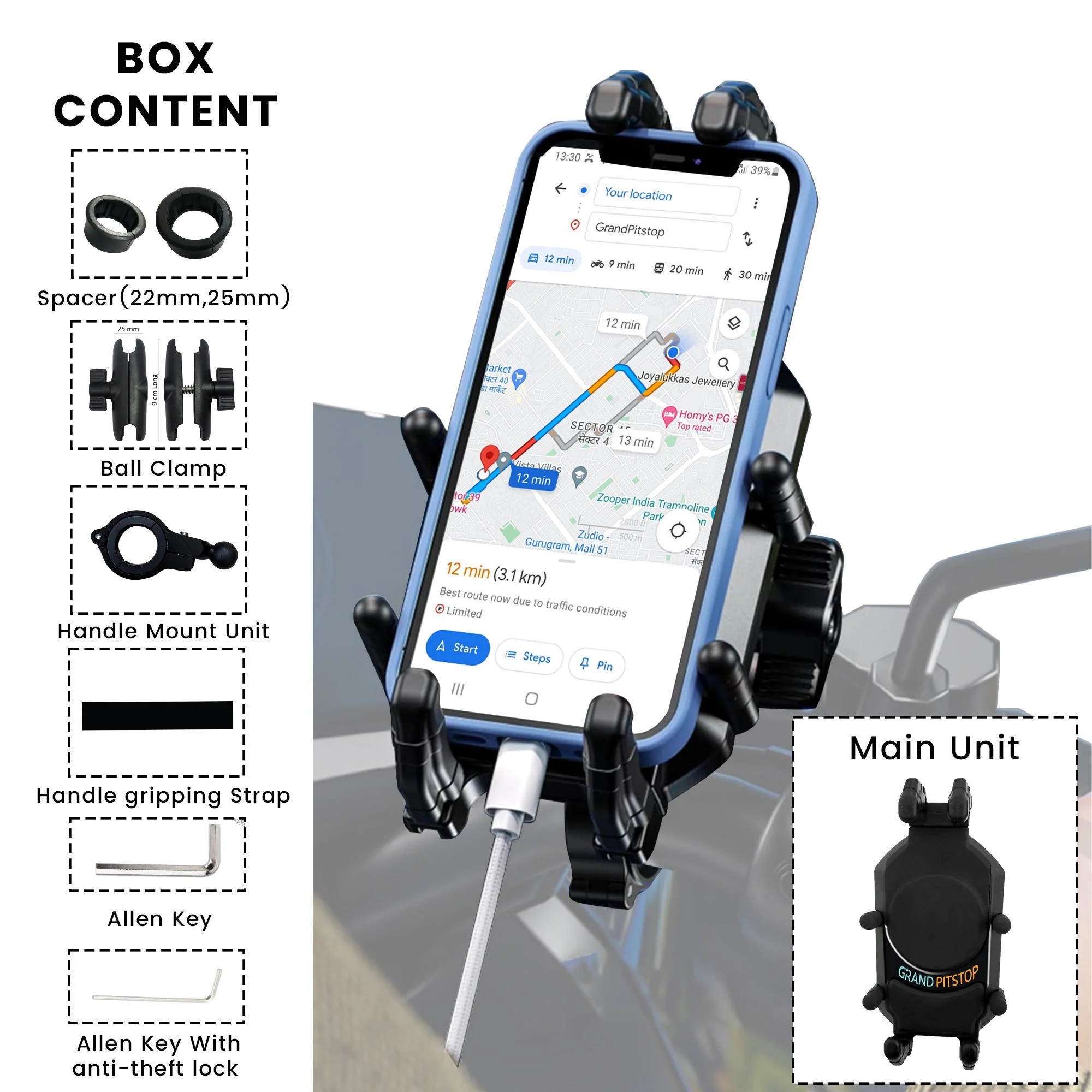 4-Sided Grip Anti Theft Mobile Holder With Vibration Dampener Handlebar Mount - Image 7