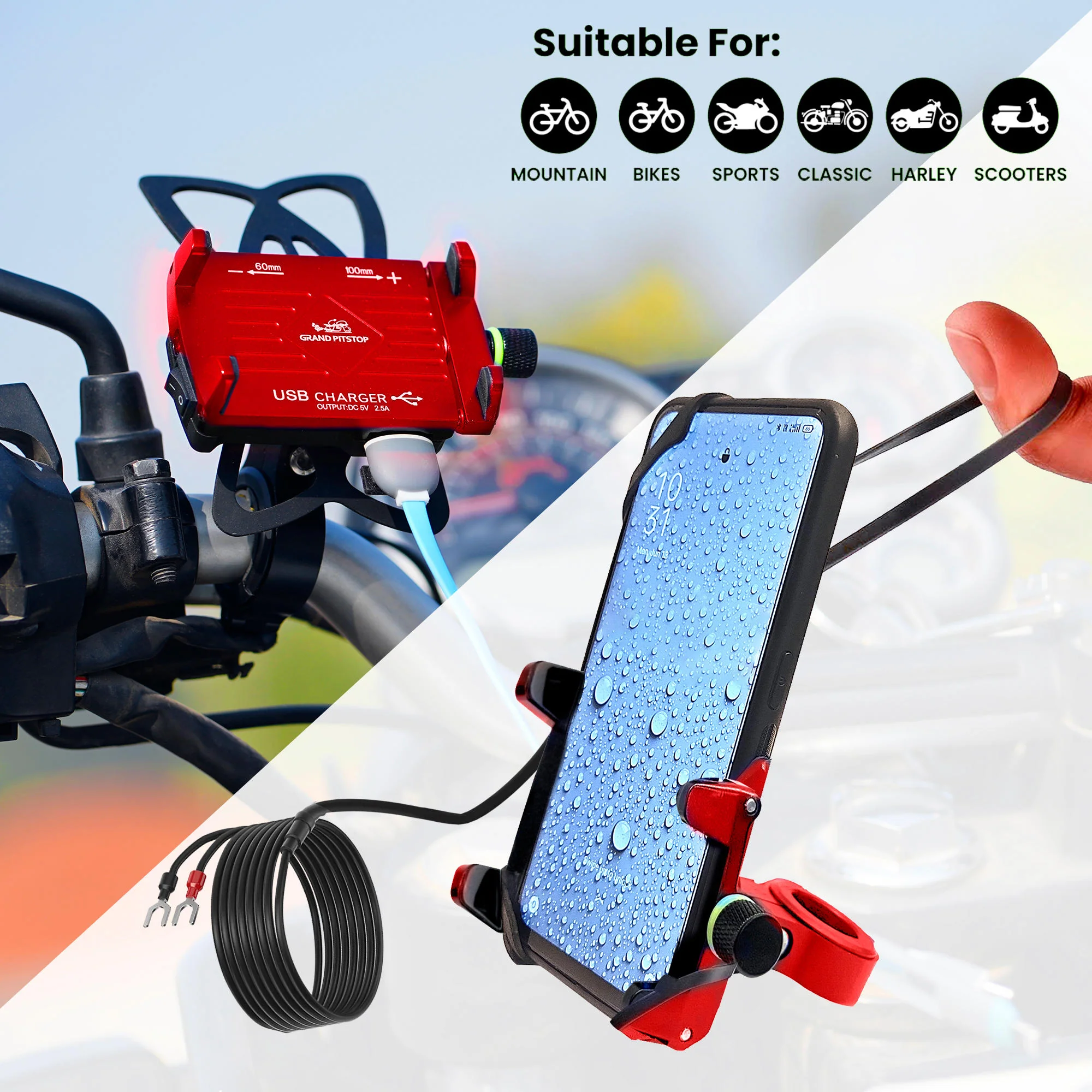 Claw Grip Aluminium Mobile Holder Mount with Charger - Red - Image 5