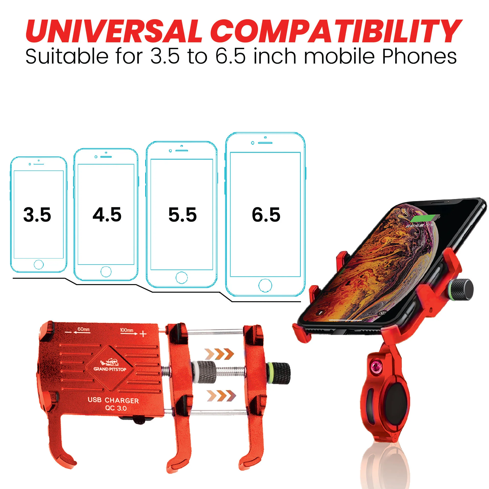 Claw with Jaw Grip Aluminium Mobile Holder with Charger - Red - Image 3
