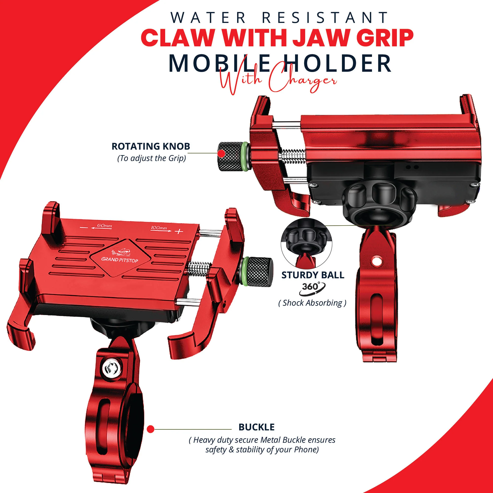 Claw with Jaw Grip Aluminium Mobile Holder without Charger - Red - Image 2