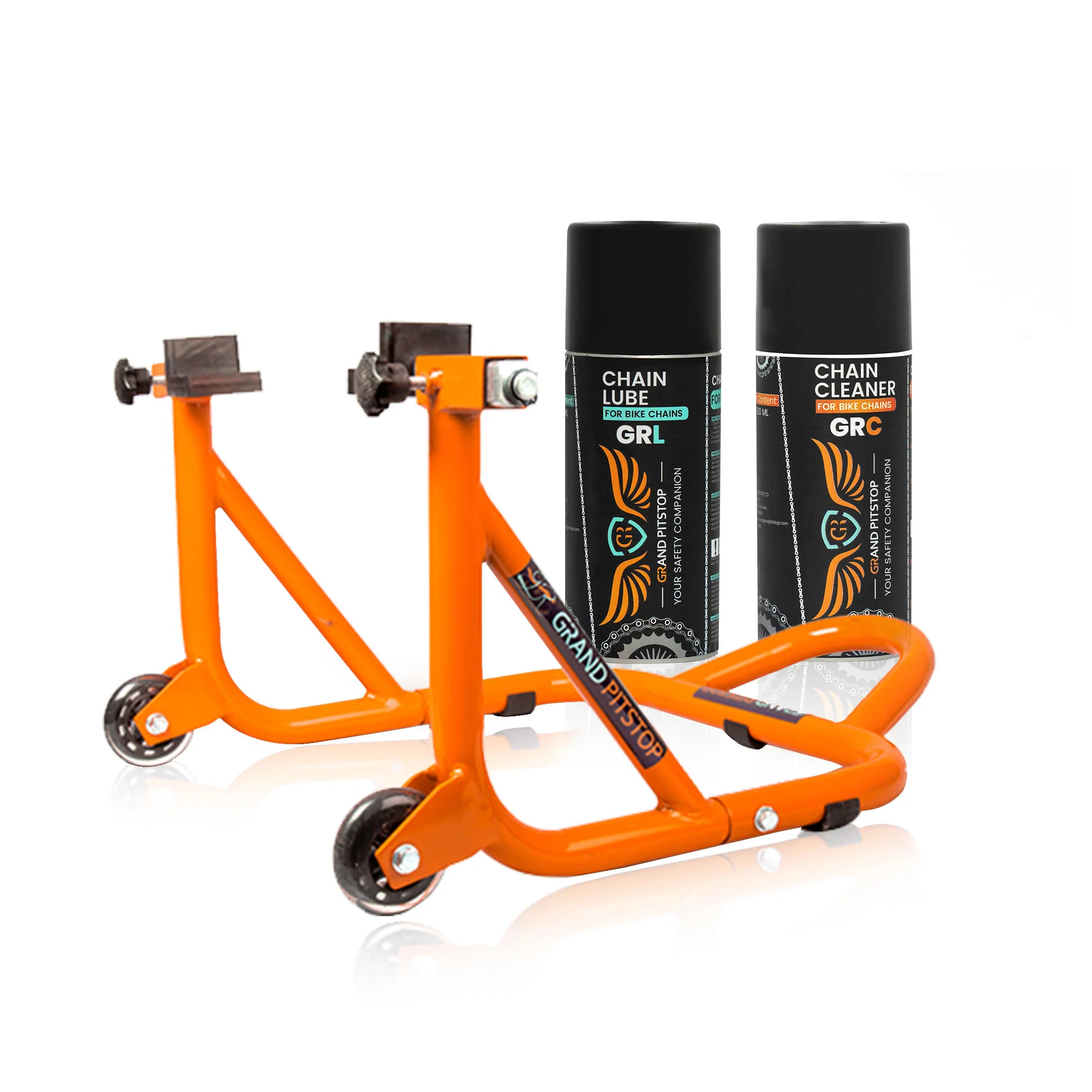 Combo of GR Chain Cleaner-160ml & GR Chain Lube-160ml & Dismantlable Paddock Stand - Orange