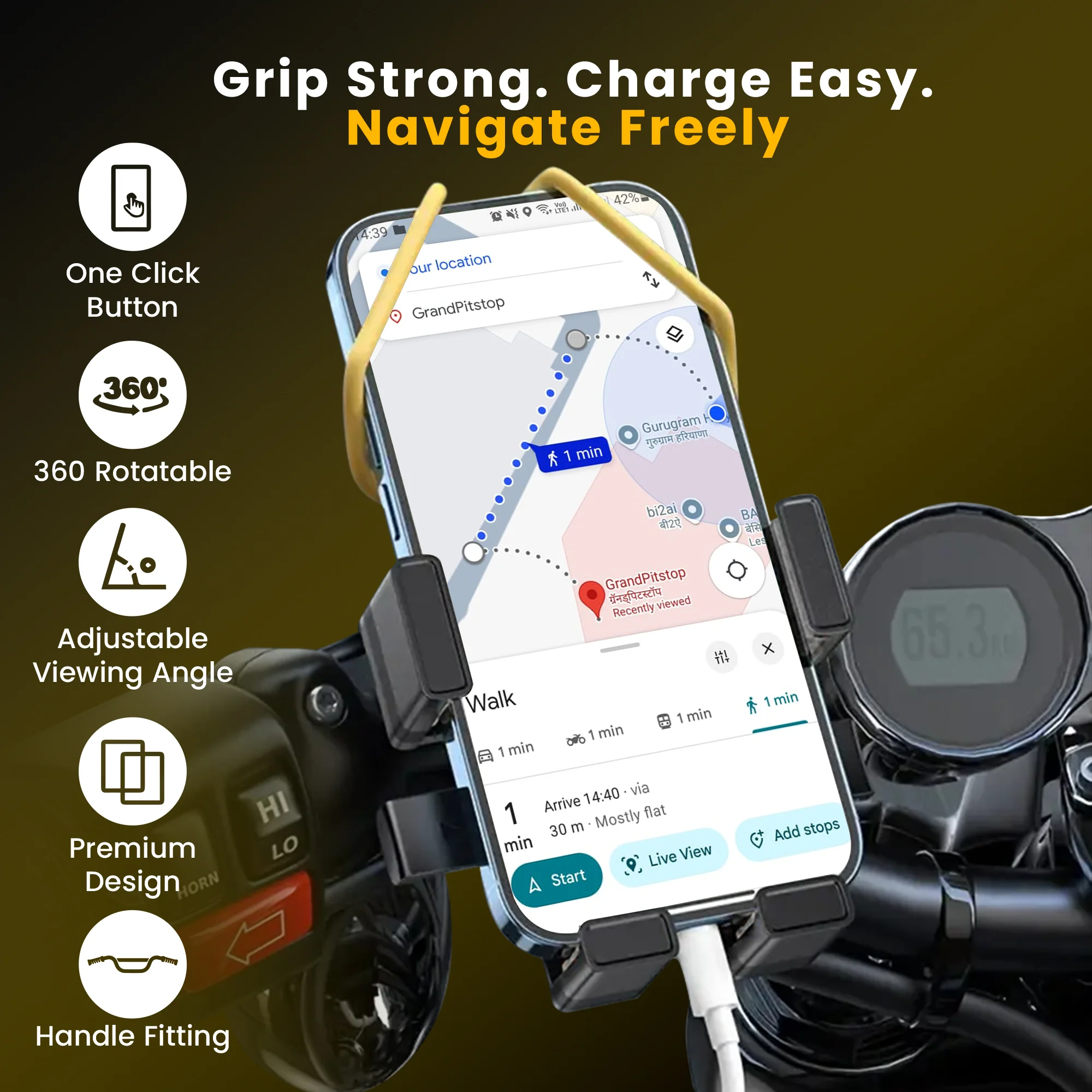 Cool Grip B3 Bike Handlebar Mobile Holder with One Click Locking - Black - Image 5