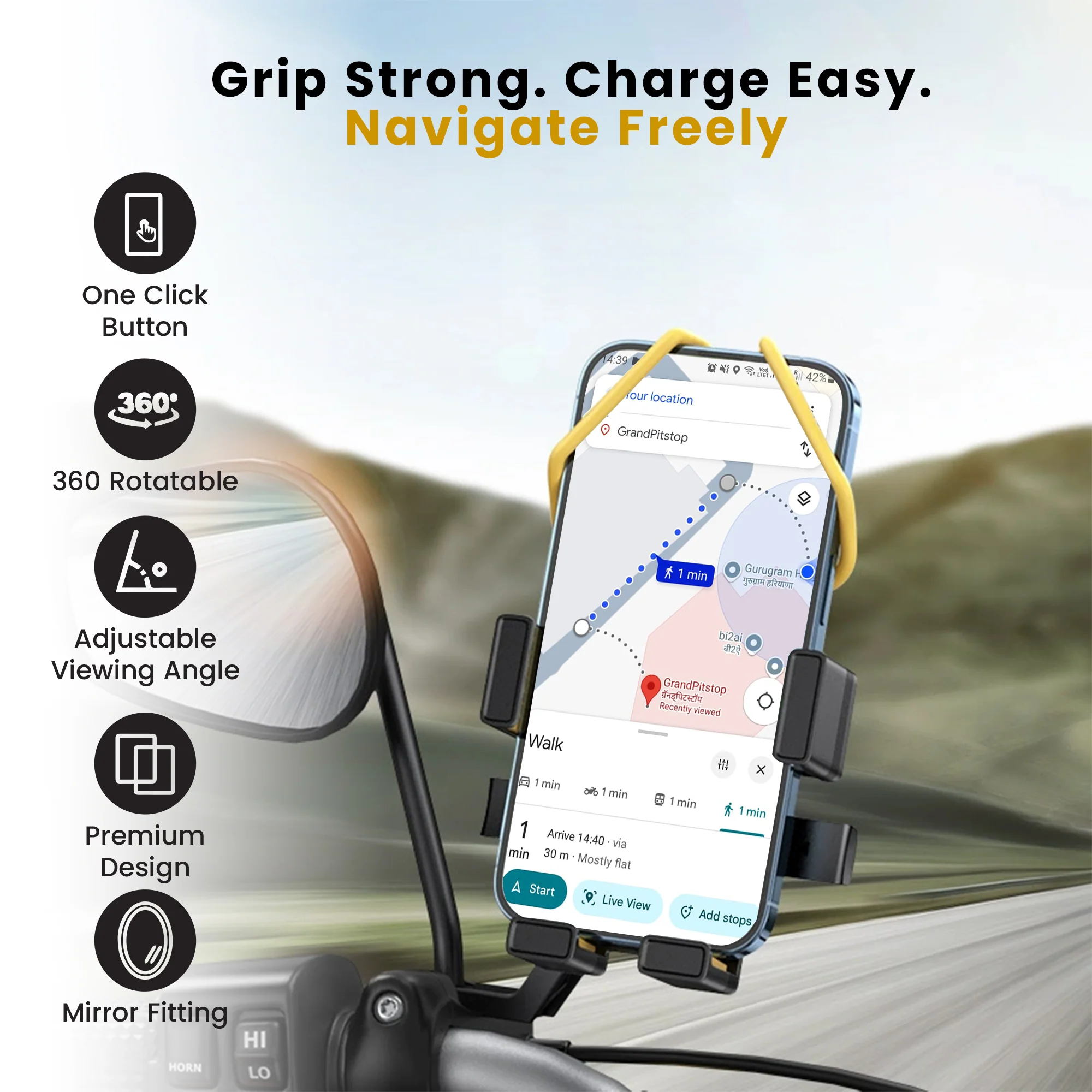 Cool Grip B3 Bike Mirror Mount Mobile Holder with One Click Locking - Black - Image 4