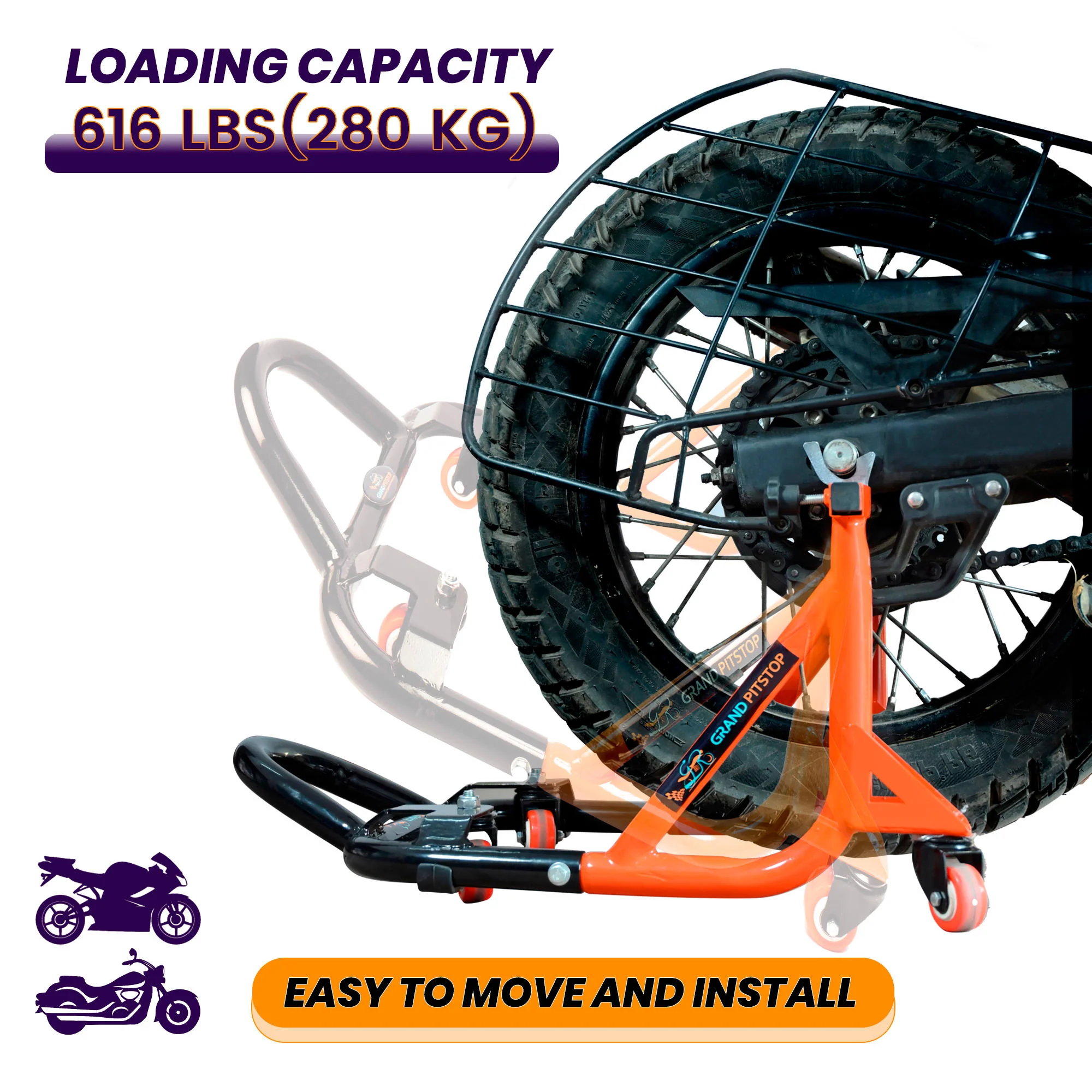 Dismantlable Rear Paddock Stand With 360 Rotation & Skate Wheels (Bike Wt upto: 280 kgs) - Black-Orange - Image 3