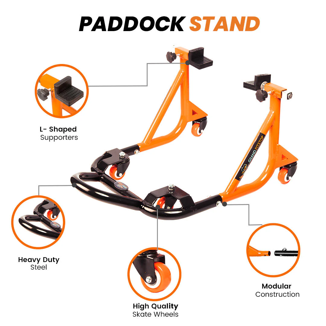 Dismantlable Rear Paddock Stand With 360 Rotation & Skate Wheels (Bike Wt upto: 280 kgs) - Black-Orange - Image 4