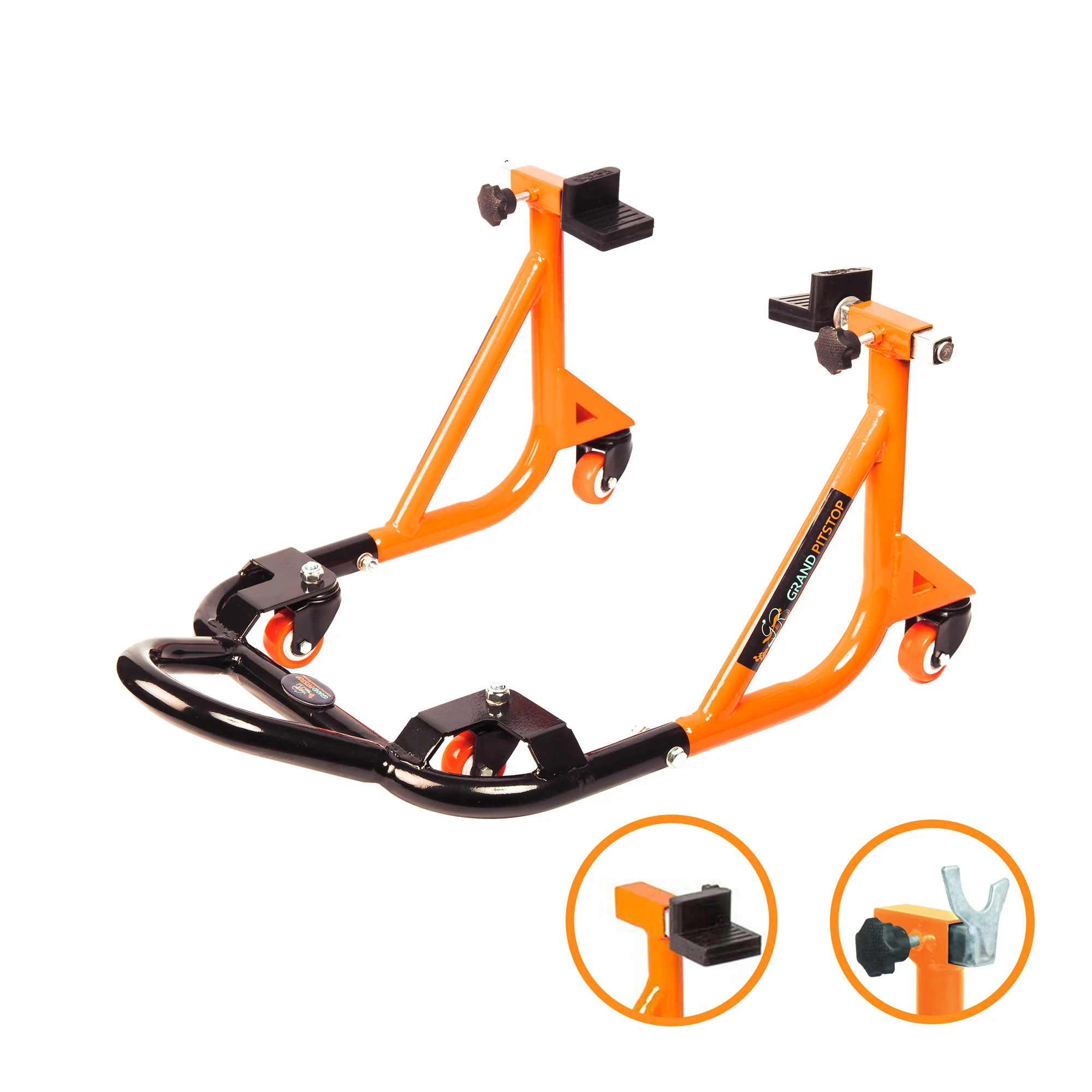 Dismantlable Rear Paddock Stand With 360 Rotation & Skate Wheels (Bike Wt upto: 280 kgs) - Black-Orange - Image 6