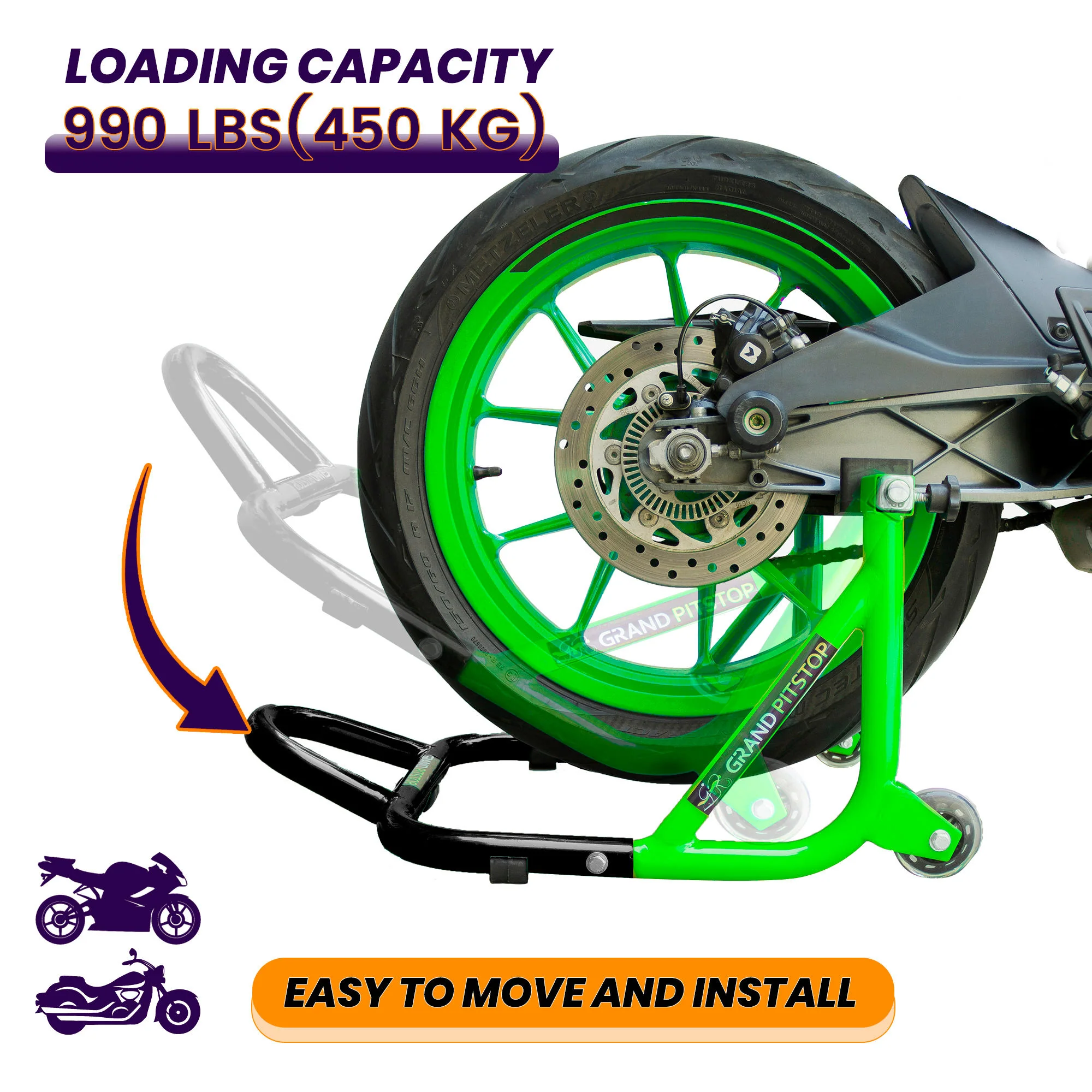 Dismantlable Rear Paddock Stand With Skate Wheels (Bike Wt upto: 450 kgs) - Black-Green - Image 2