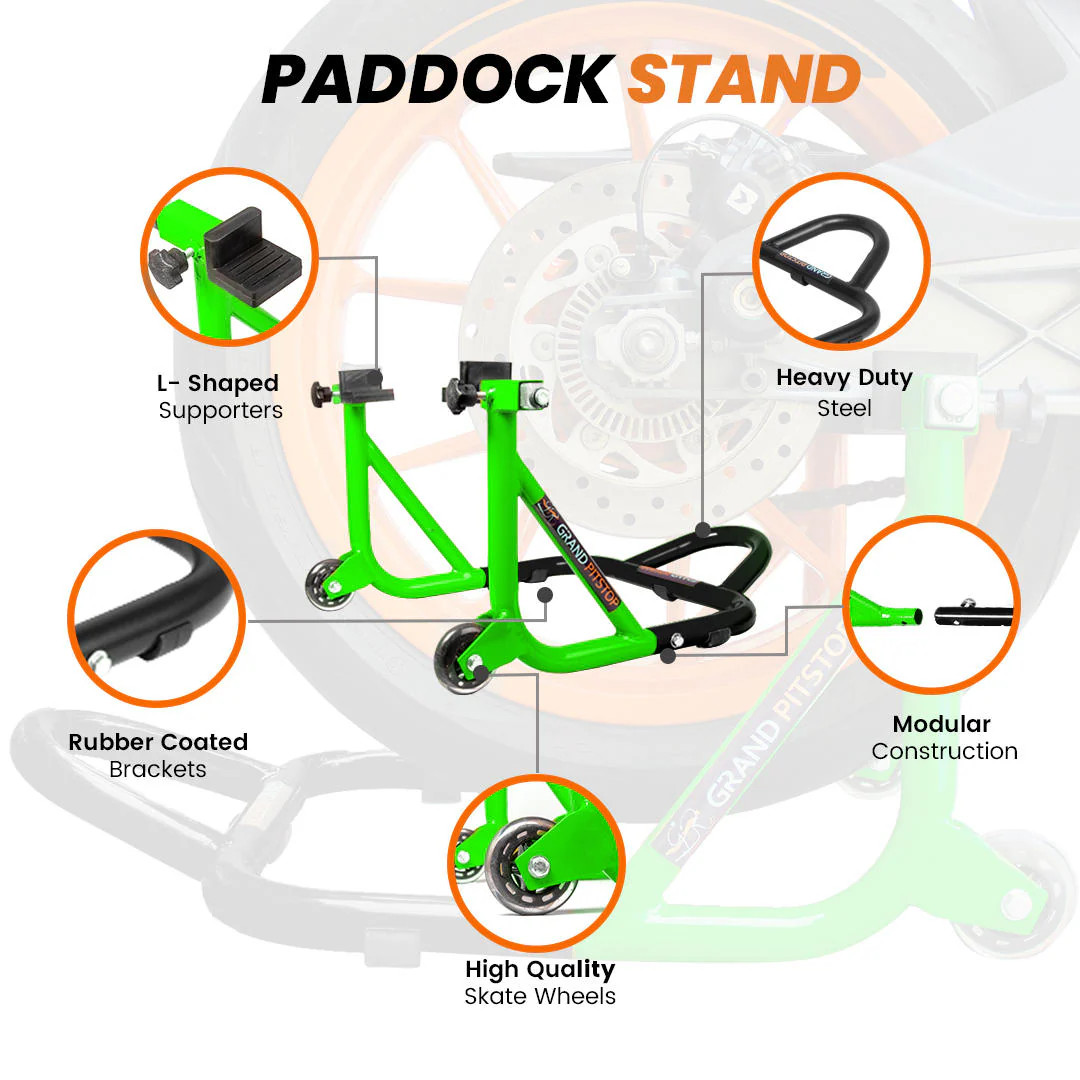 Dismantlable Rear Paddock Stand With Skate Wheels (Bike Wt upto: 450 kgs) - Black-Green - Image 3