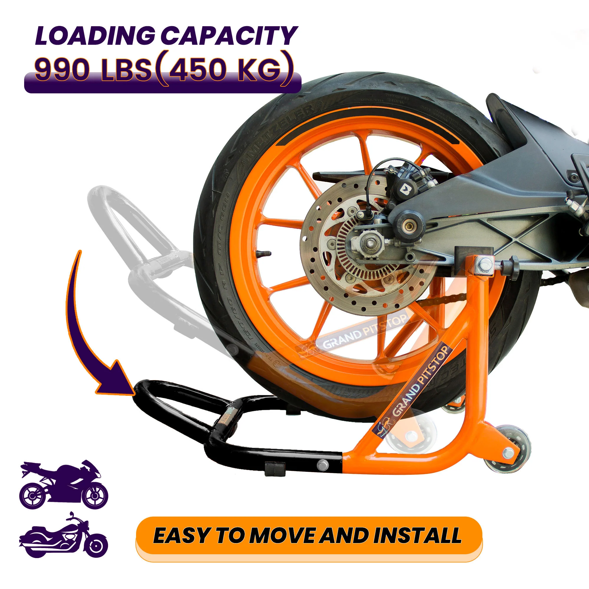 Dismantlable Rear Paddock Stand & Skate Wheels (Bike Wt upto: 450 kgs) - Black-Orange - Image 3