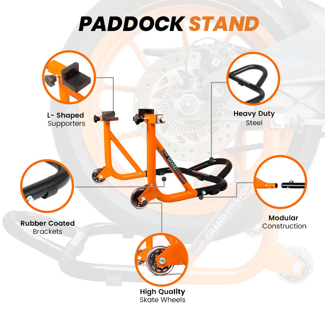 Dismantlable Rear Paddock Stand & Skate Wheels (Bike Wt upto: 450 kgs) - Black-Orange - Image 4