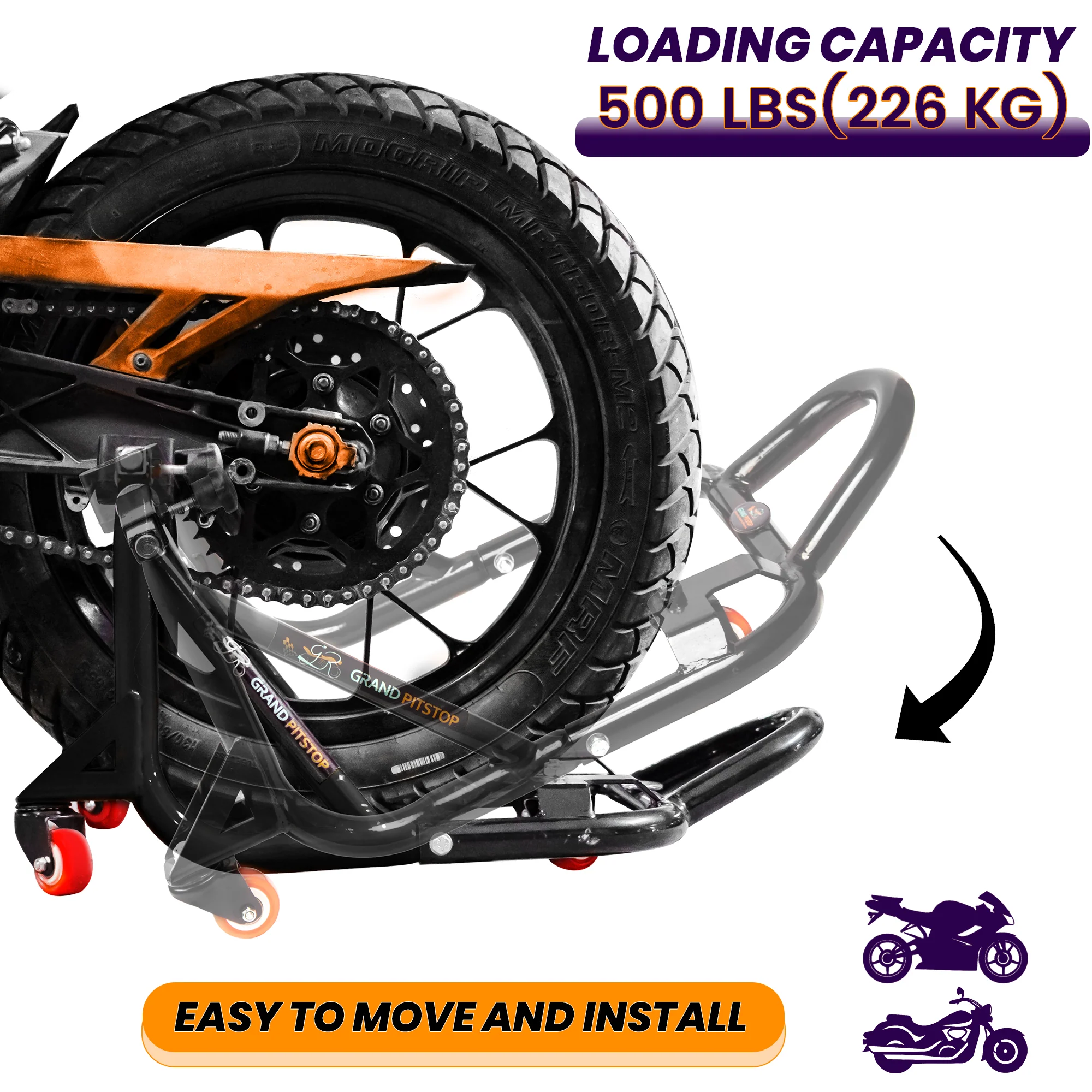 Dismantlable Rear Paddock Stand With 360 Rotation & Skate Wheels (Bike Wt upto: 280 kgs) - Black - Image 4