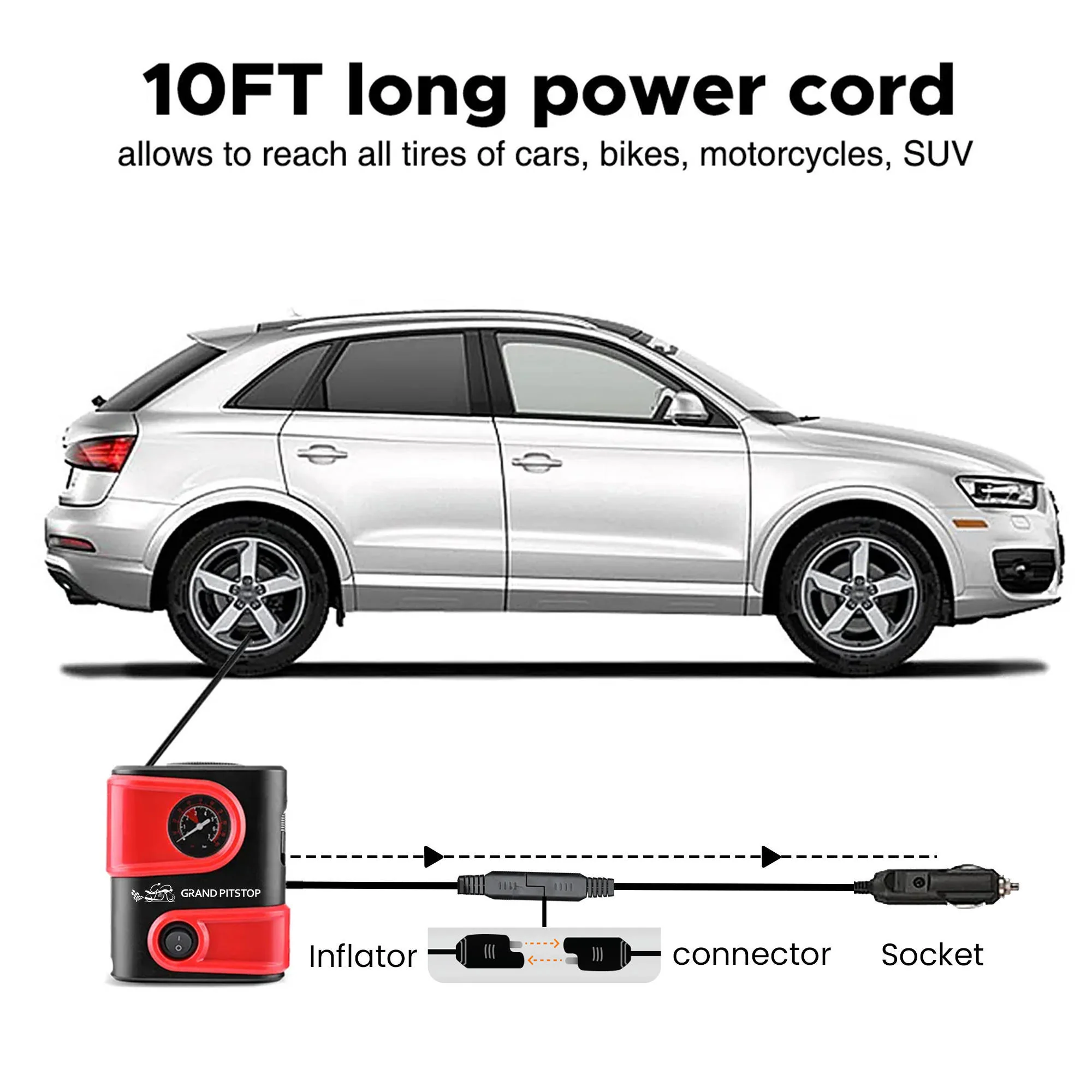 Electric Tire Inflator Air Compressor Pump for Car, Motorcycle, Balls and Mattress - Red - Image 10
