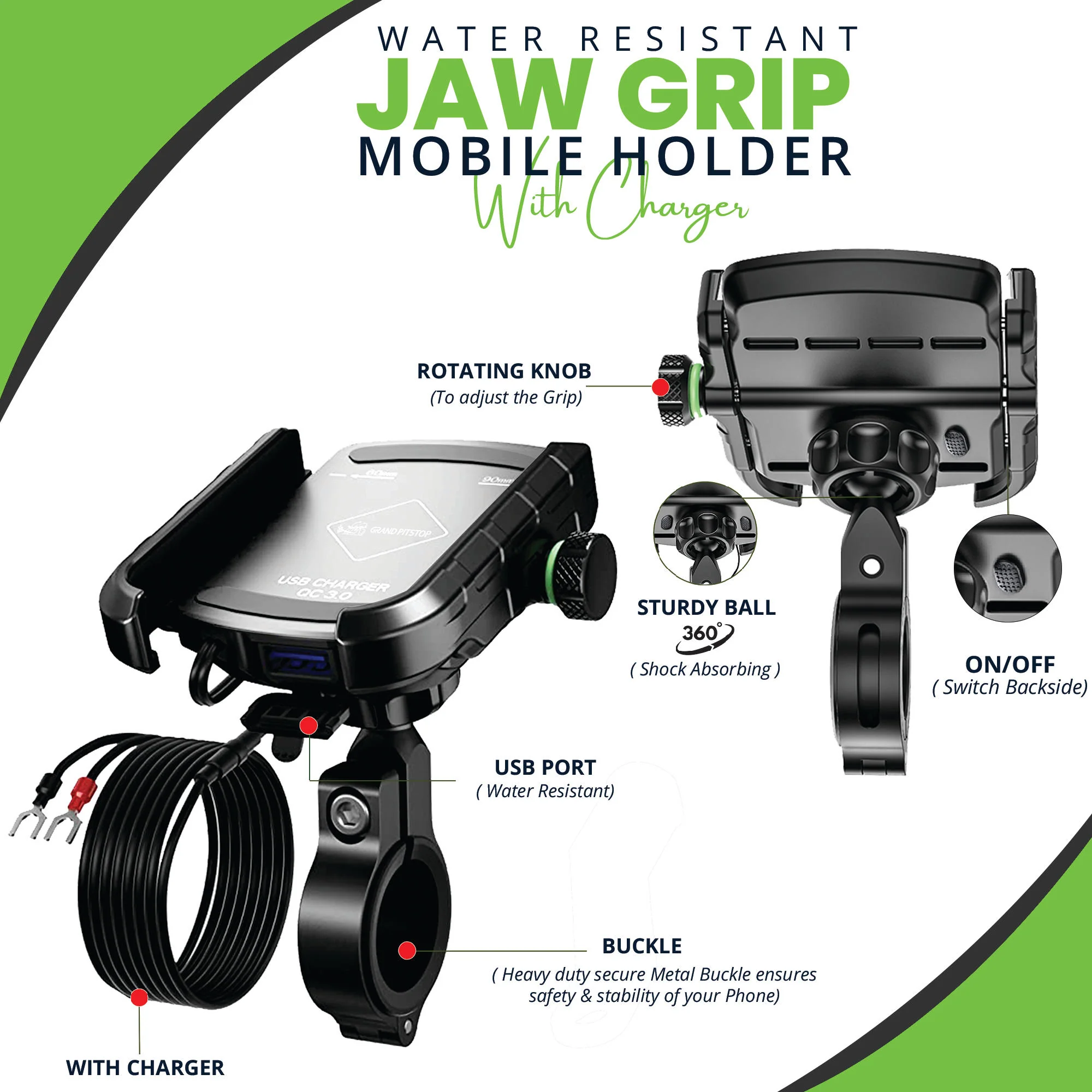 Jaw Grip Aluminium Mobile Holder with Charger - Silver - Image 2