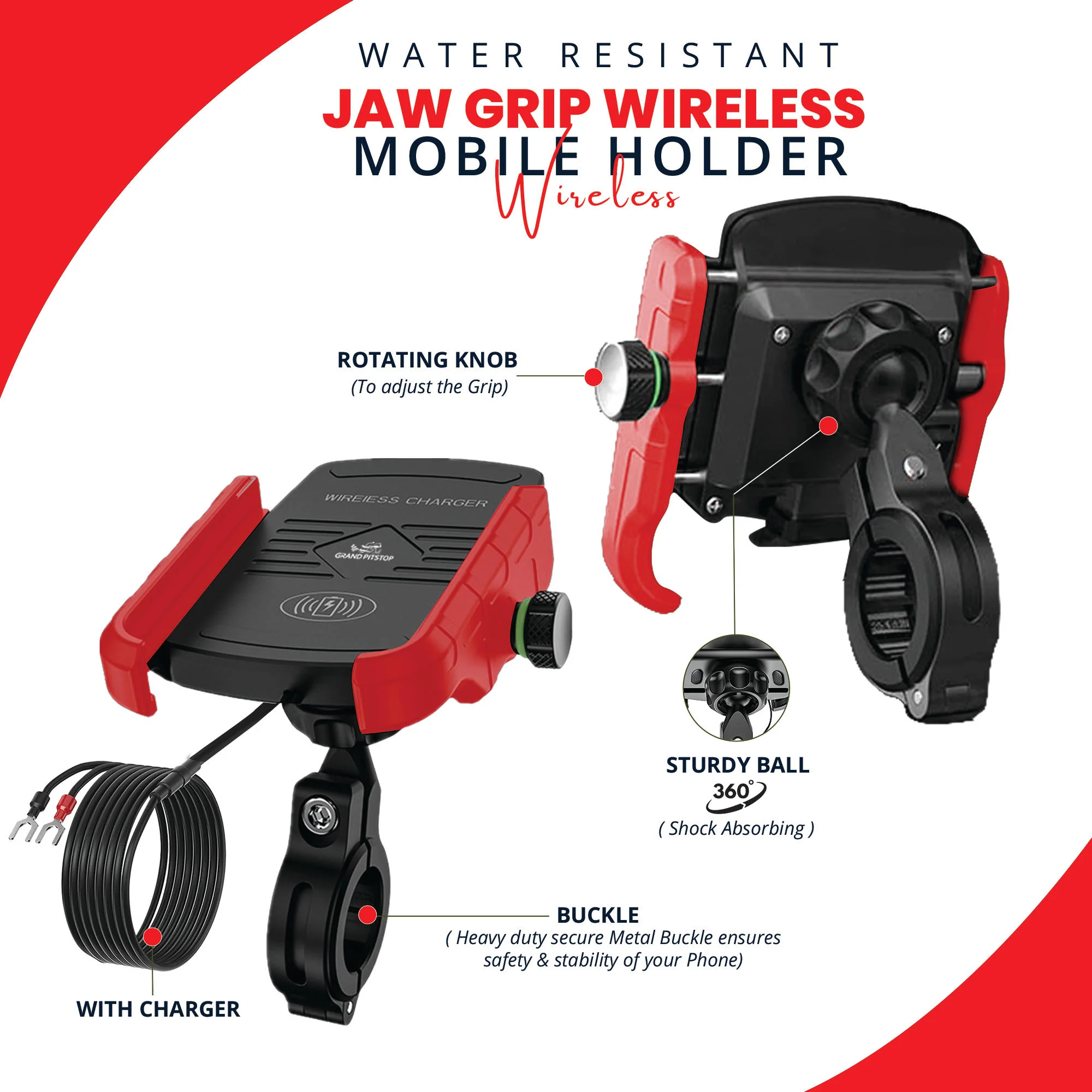 Jaw Grip Mobile Holder with 15W Wireless Charger - Red - Image 2