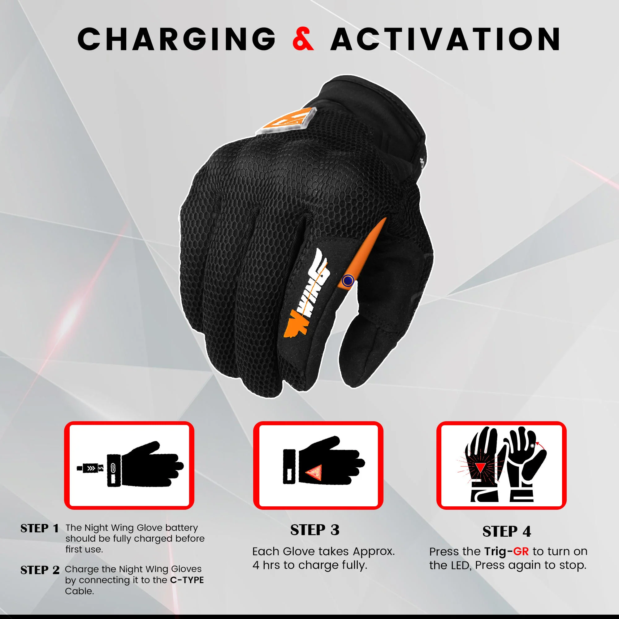 Night Wing Motorcycle LED Gloves - Black - Image 4