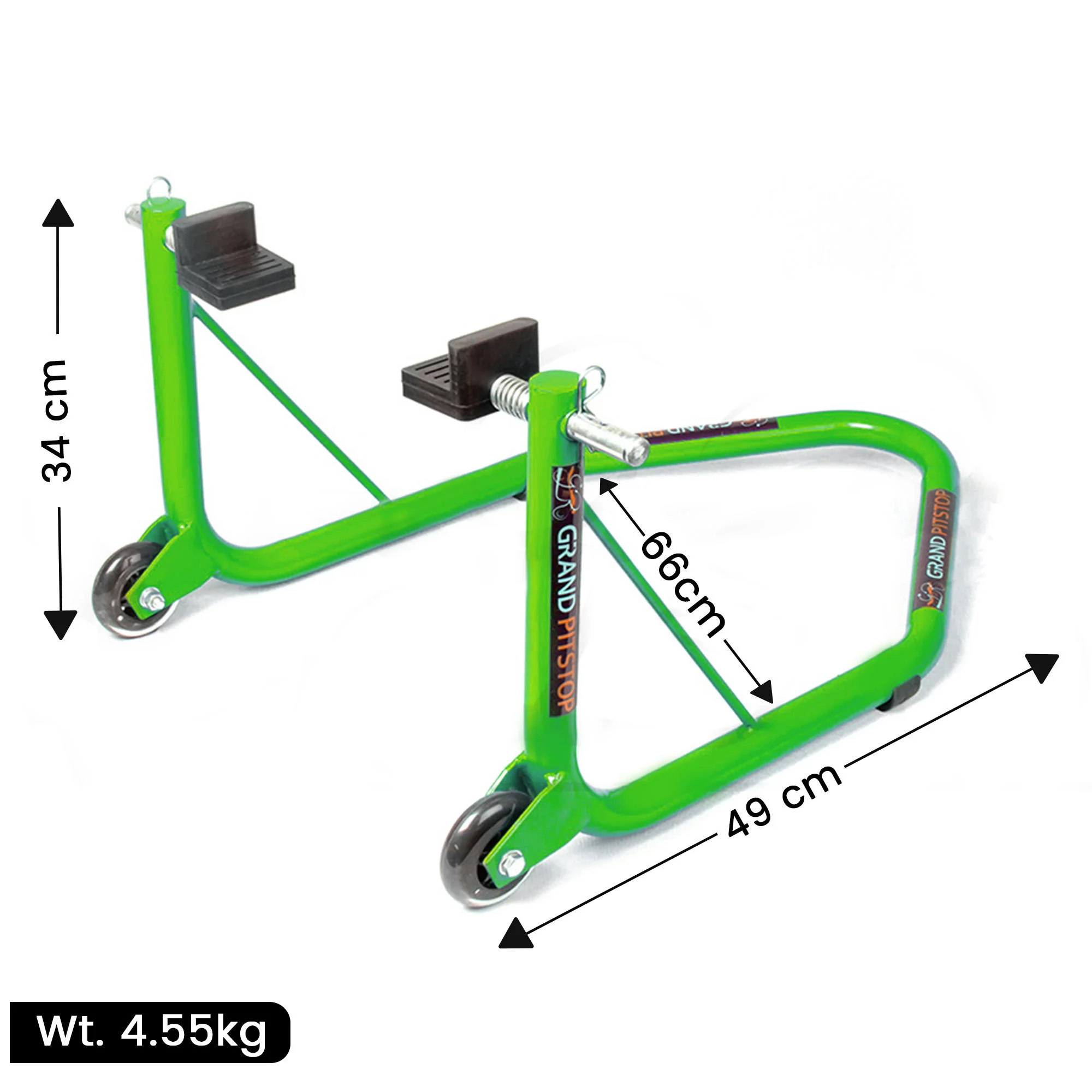 Non-Dismantlable Rear Paddock Stand With Skate Wheels (upto 350 kg) - Green - Image 4
