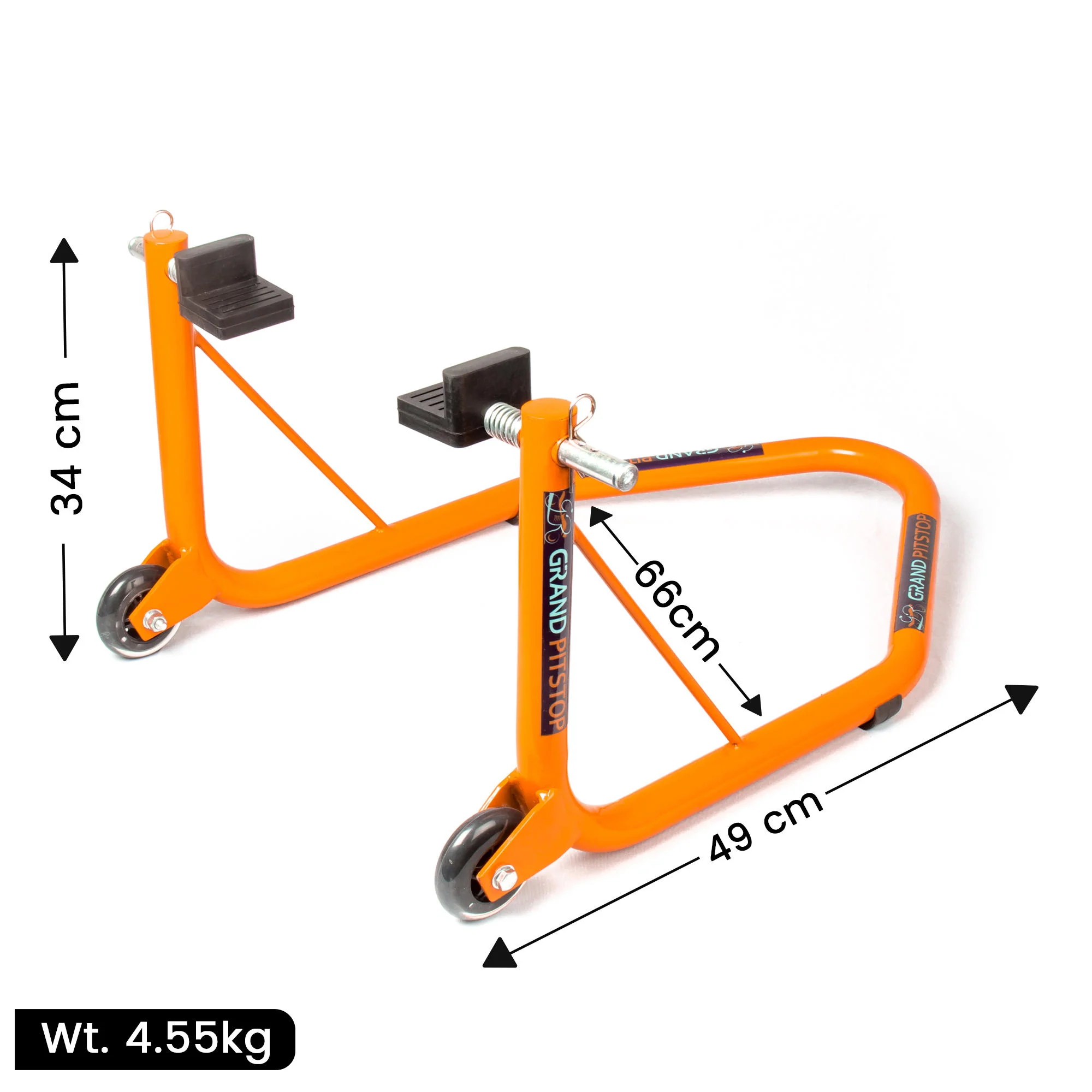 Non-Dismantlable Rear Paddock Stand With Skate Wheels (upto 350 kg) - Orange - Image 4