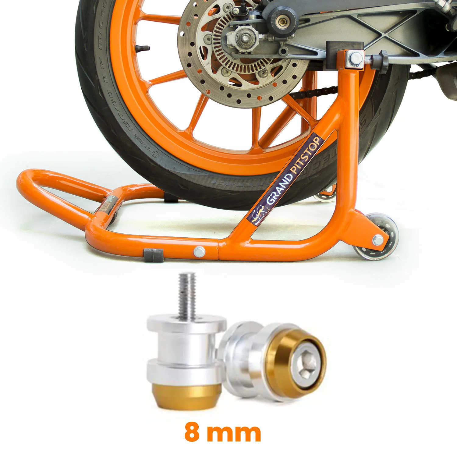 Dismantlable Rear Paddock Stand (Orange) and 8 mm Bobbins