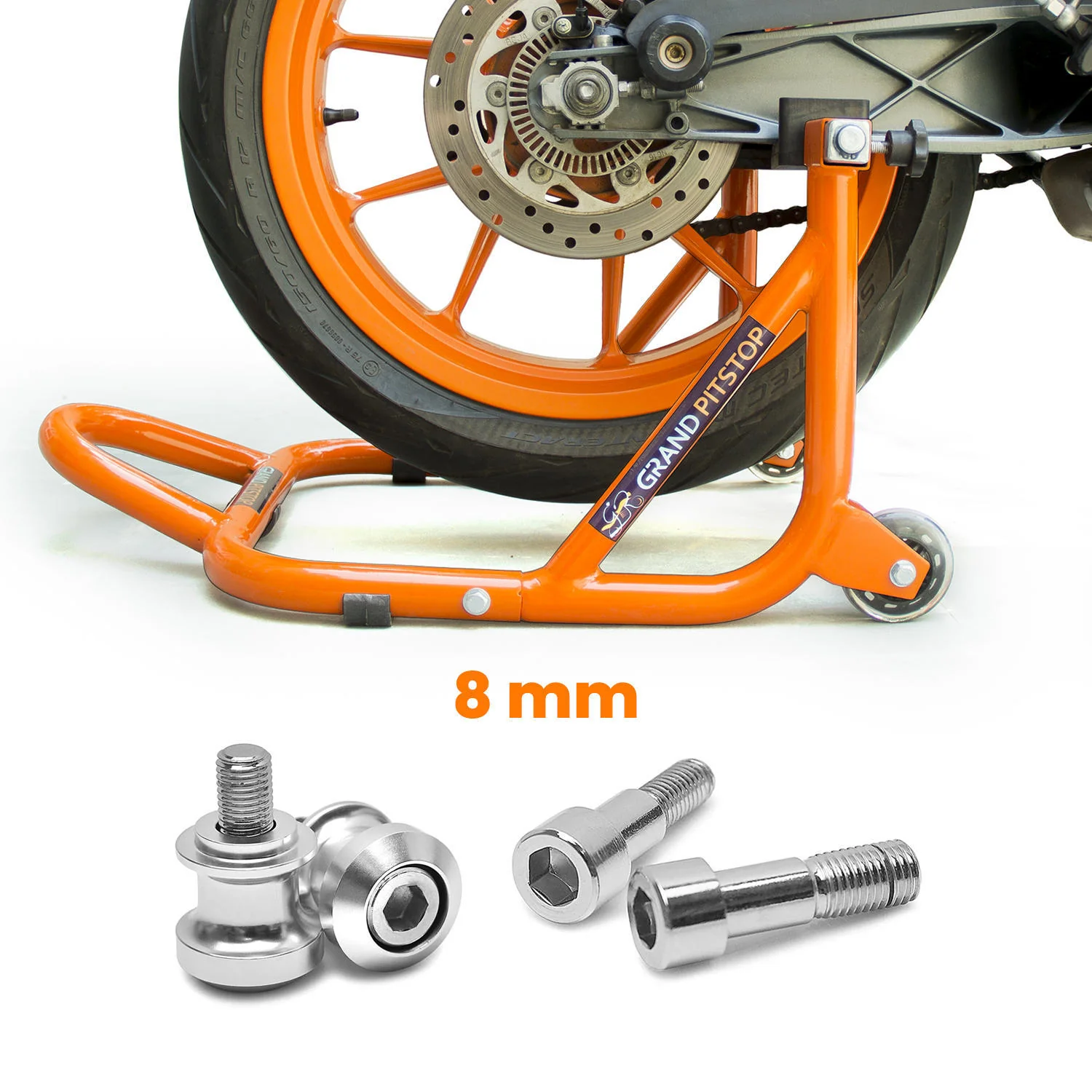 Dismantlable Rear Paddock Stand (Orange) and 8 mm Bobbins - Dual Cap Cover