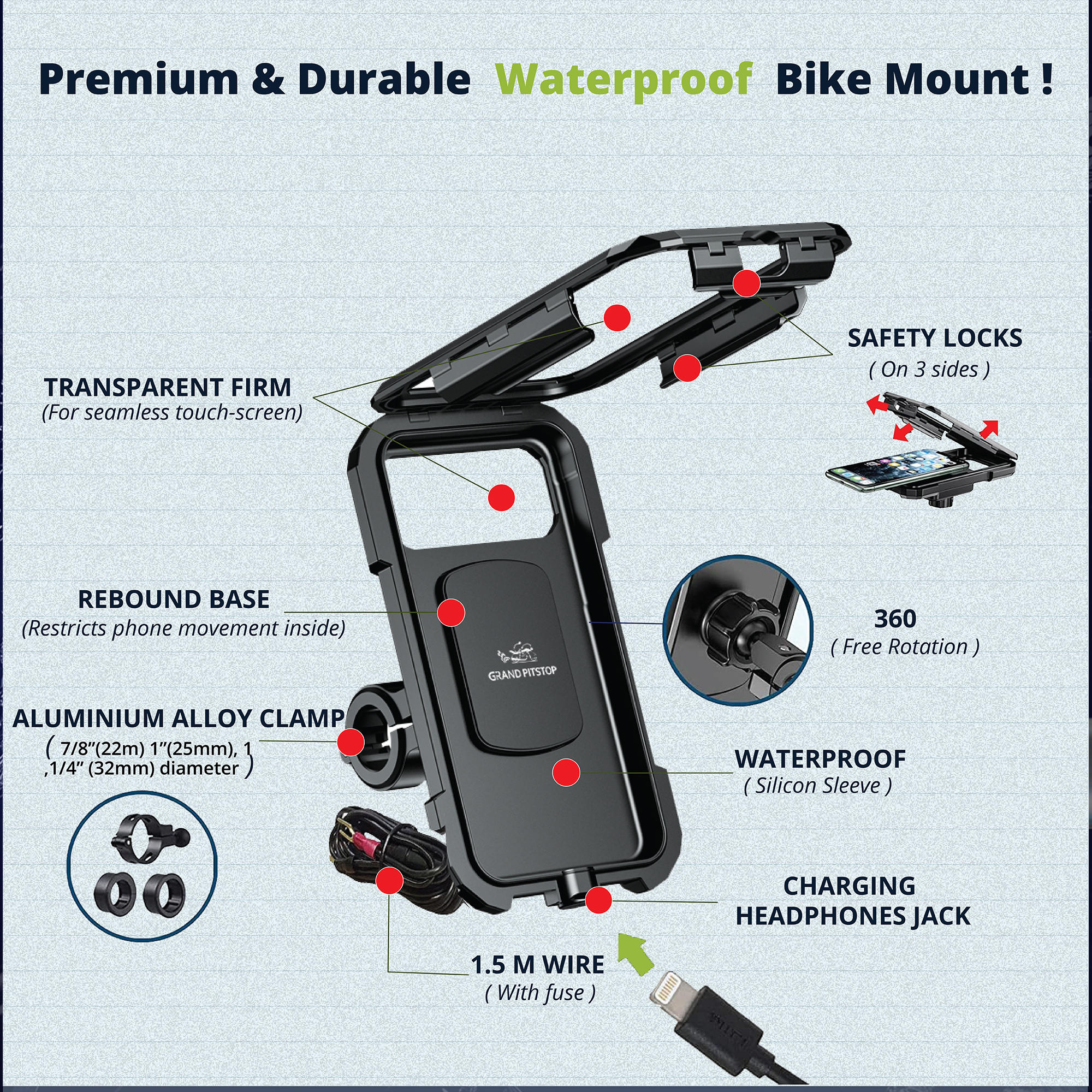 Waterproof Mobile Holder for Bike Handlebar with 15 W Wireless Charger - Black - Image 3