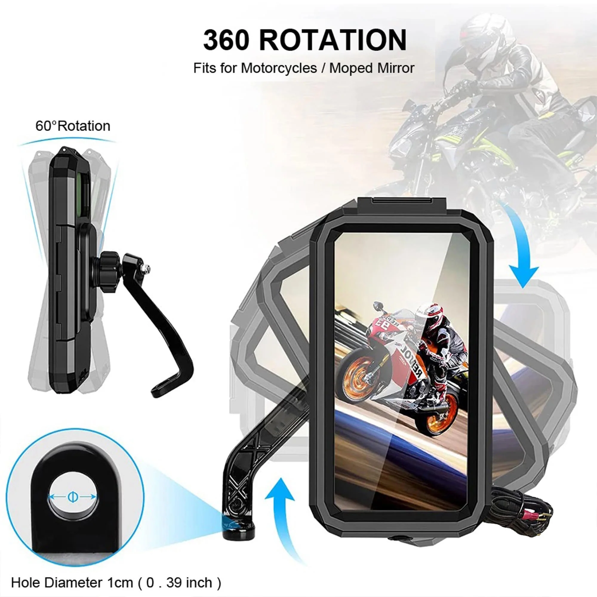 Waterproof Mobile Holder Mirror Mount with 15W Wireless Charger - Black - Image 7